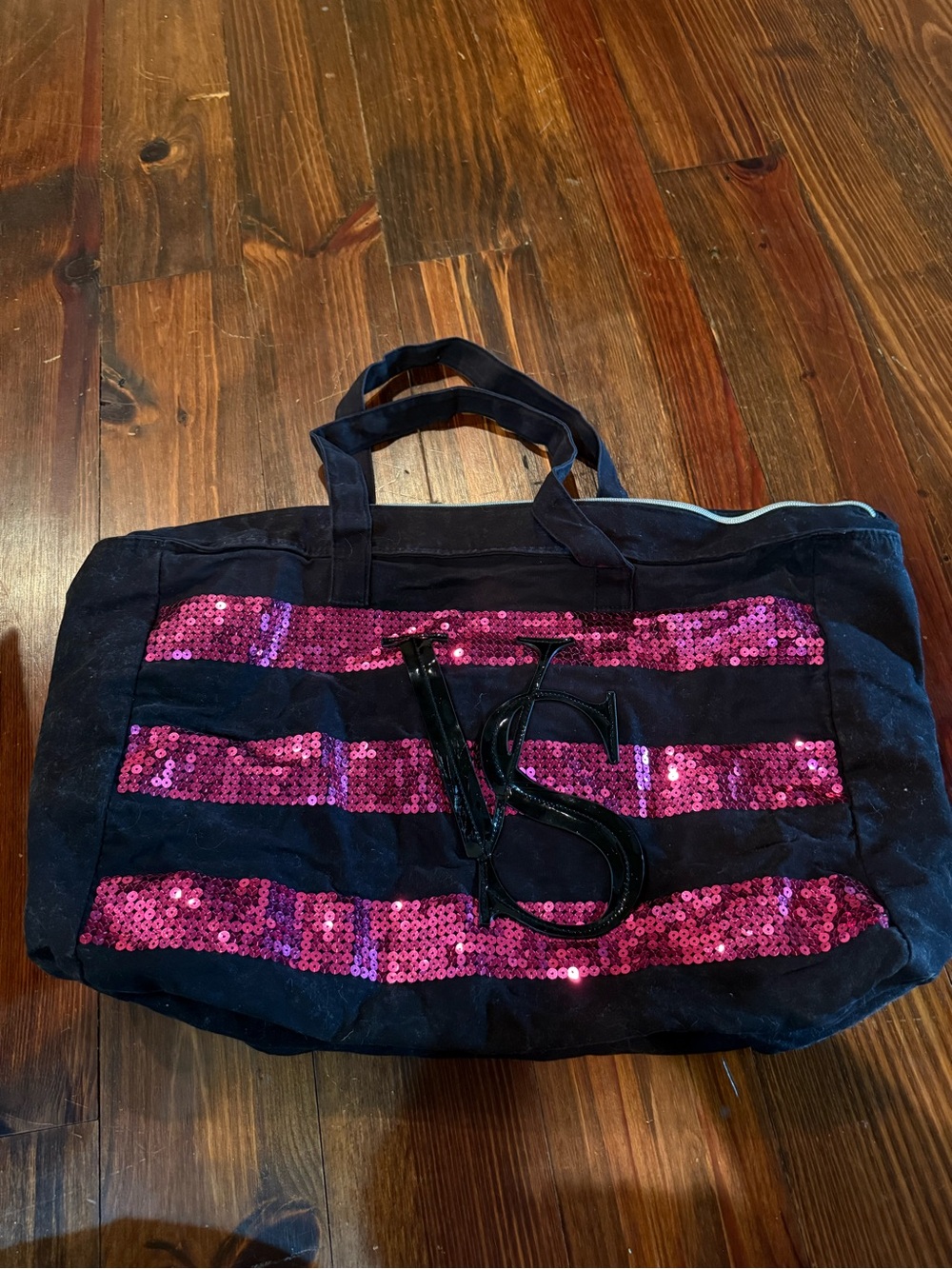 Victoria's Secret Black Tote with Hot Pink Sequin Stripes